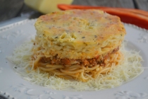 Spaghete gratinate cu carne tocata de vita si ciuperci